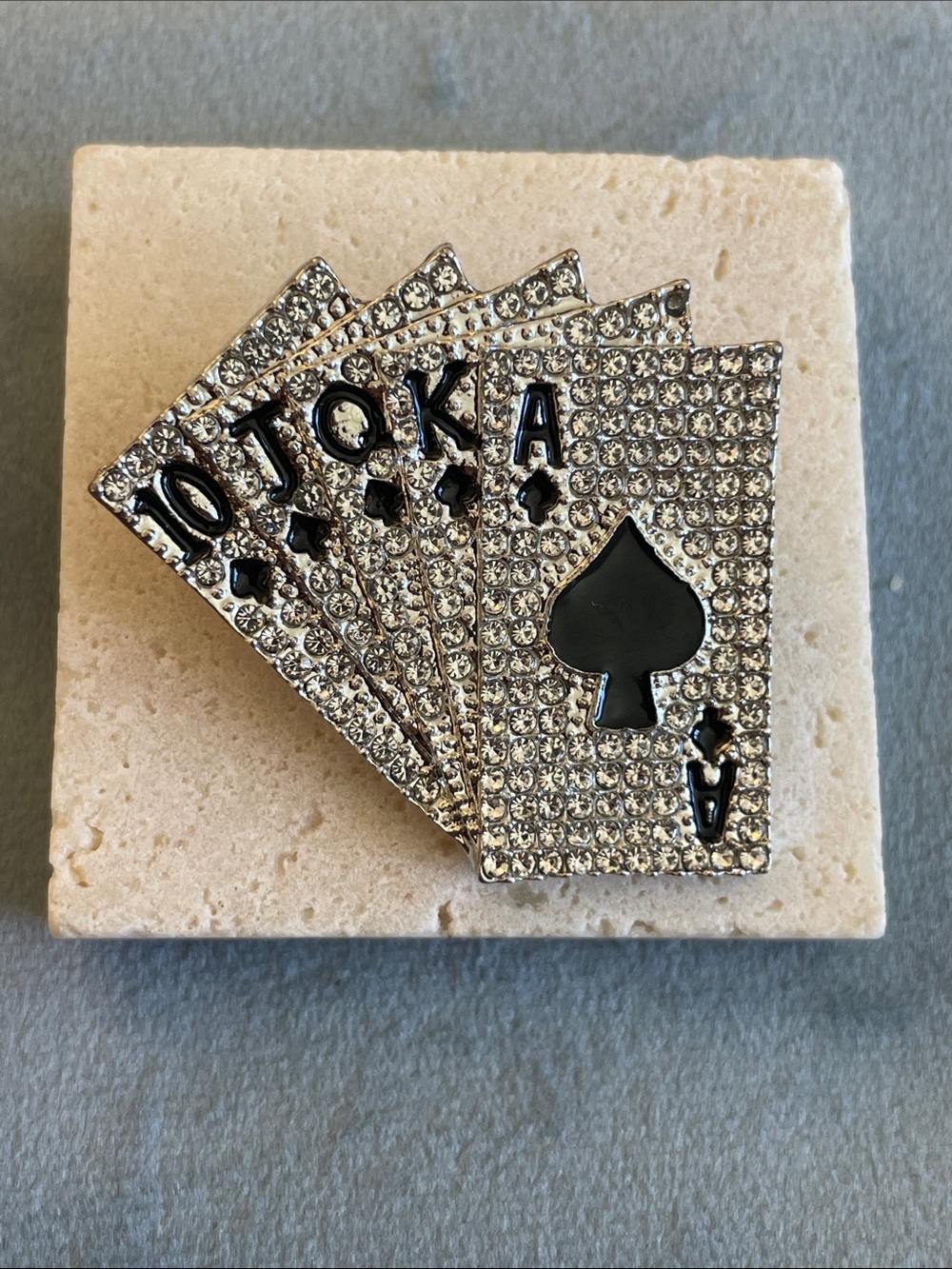 Rhinestone Playing Cards Brooch Pin - Silver and Black